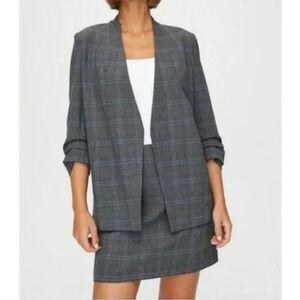 Aritzia Babaton Power Blazer Grey Blue Windowpane Plaid Shawl Collar Size 12